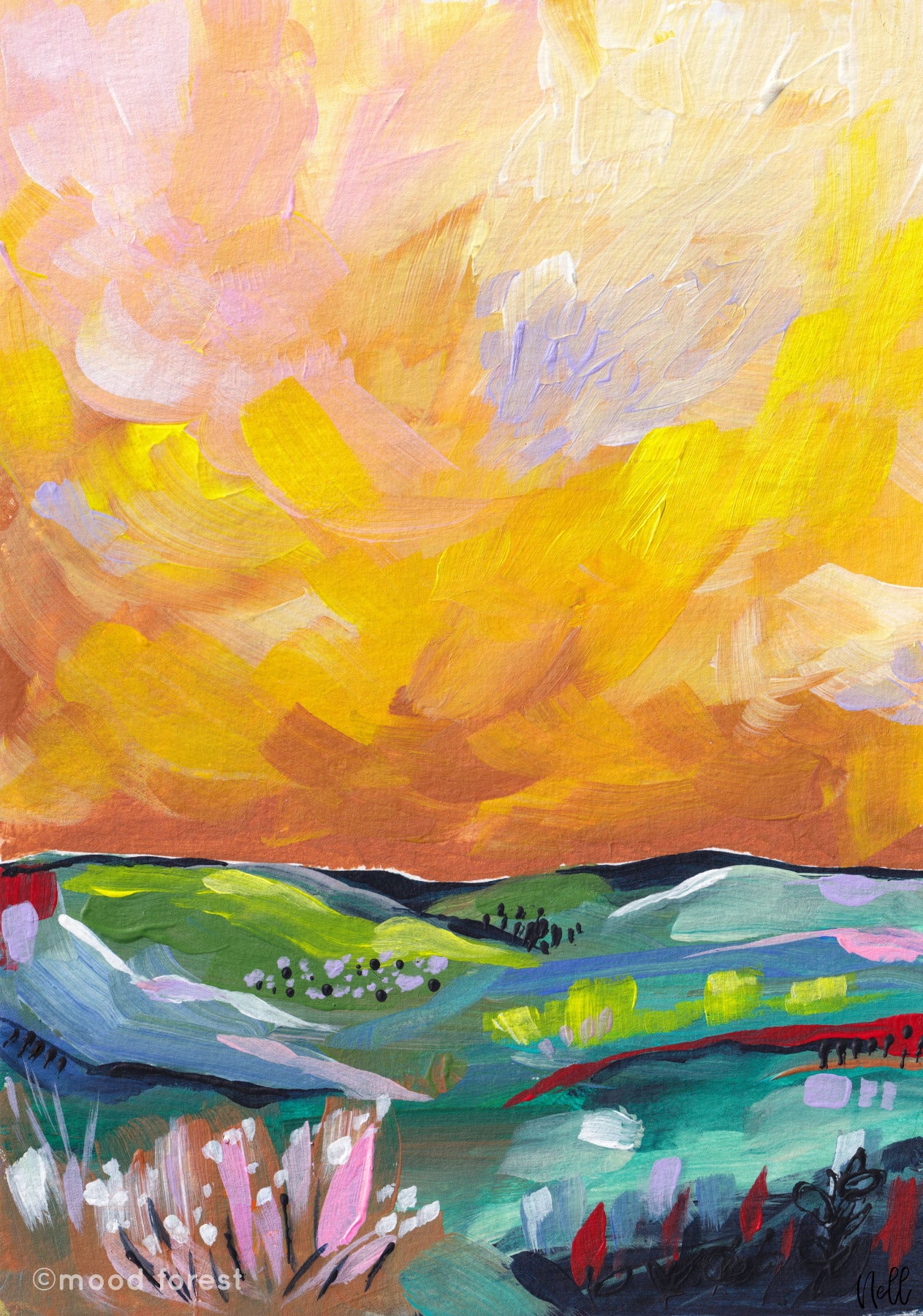 Colorful abstract landscape painting with warm yellow sky and green fields.