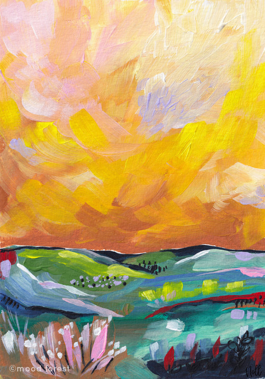 Colorful abstract landscape painting with warm yellow sky and green fields.