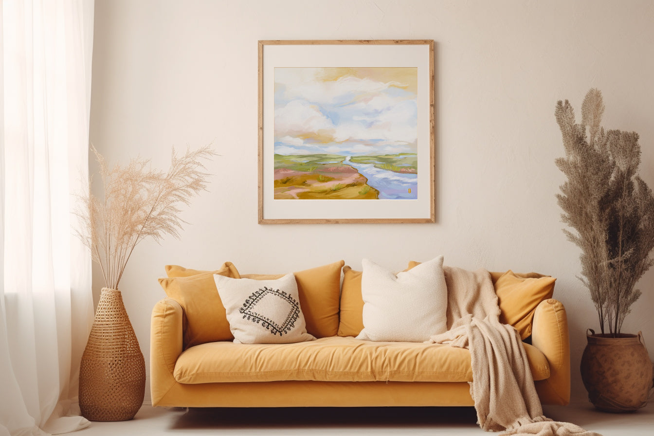 Yellow sofa with decorative pillows and a framed landscape painting on a light wall.