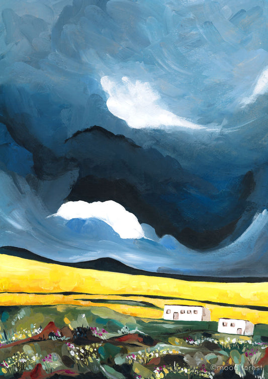 Abstract painting of a landscape with mountains, sky, and buildings.