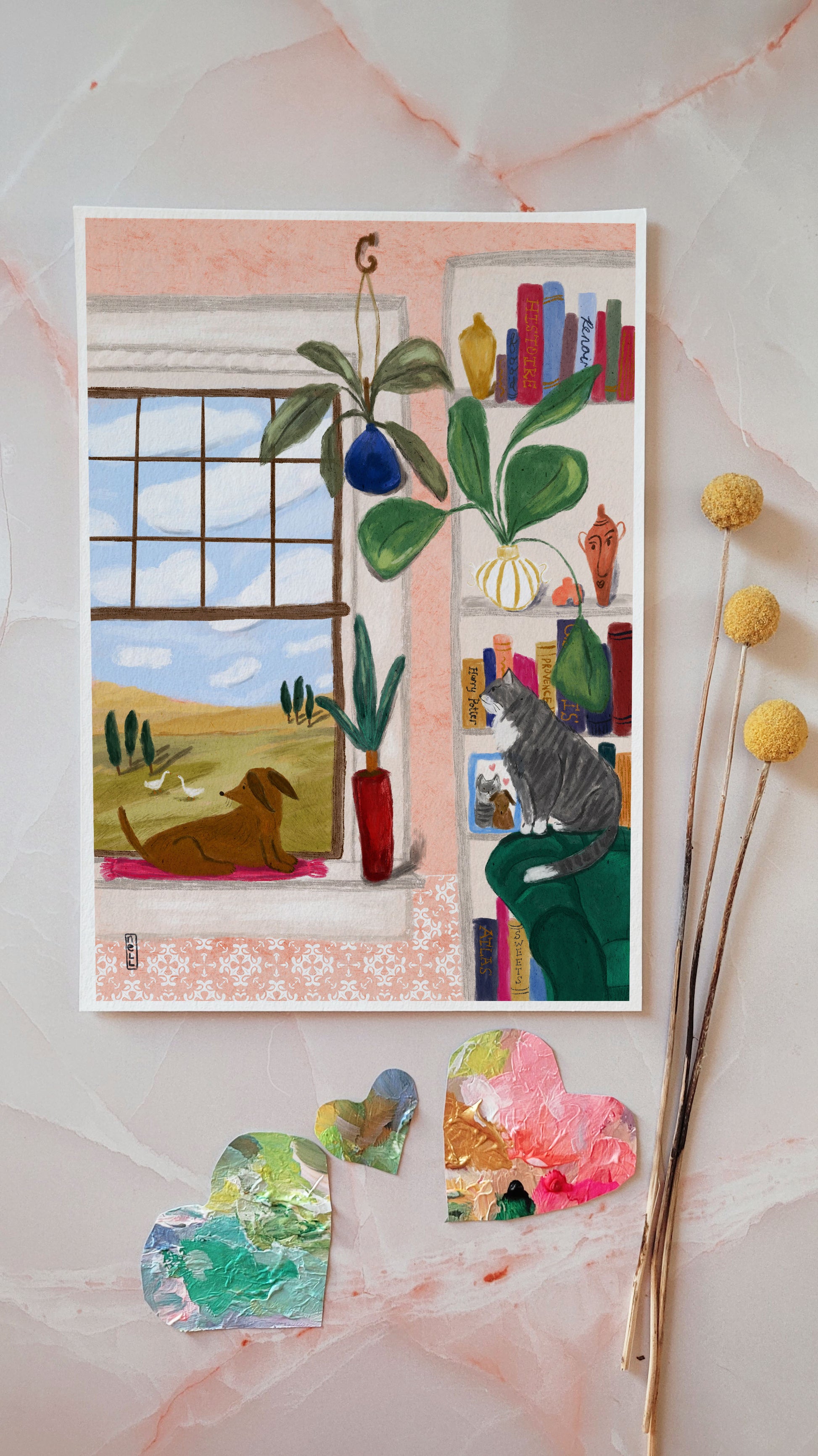Illustration of a cat looking out a window with a dog and plants, on a pink background.