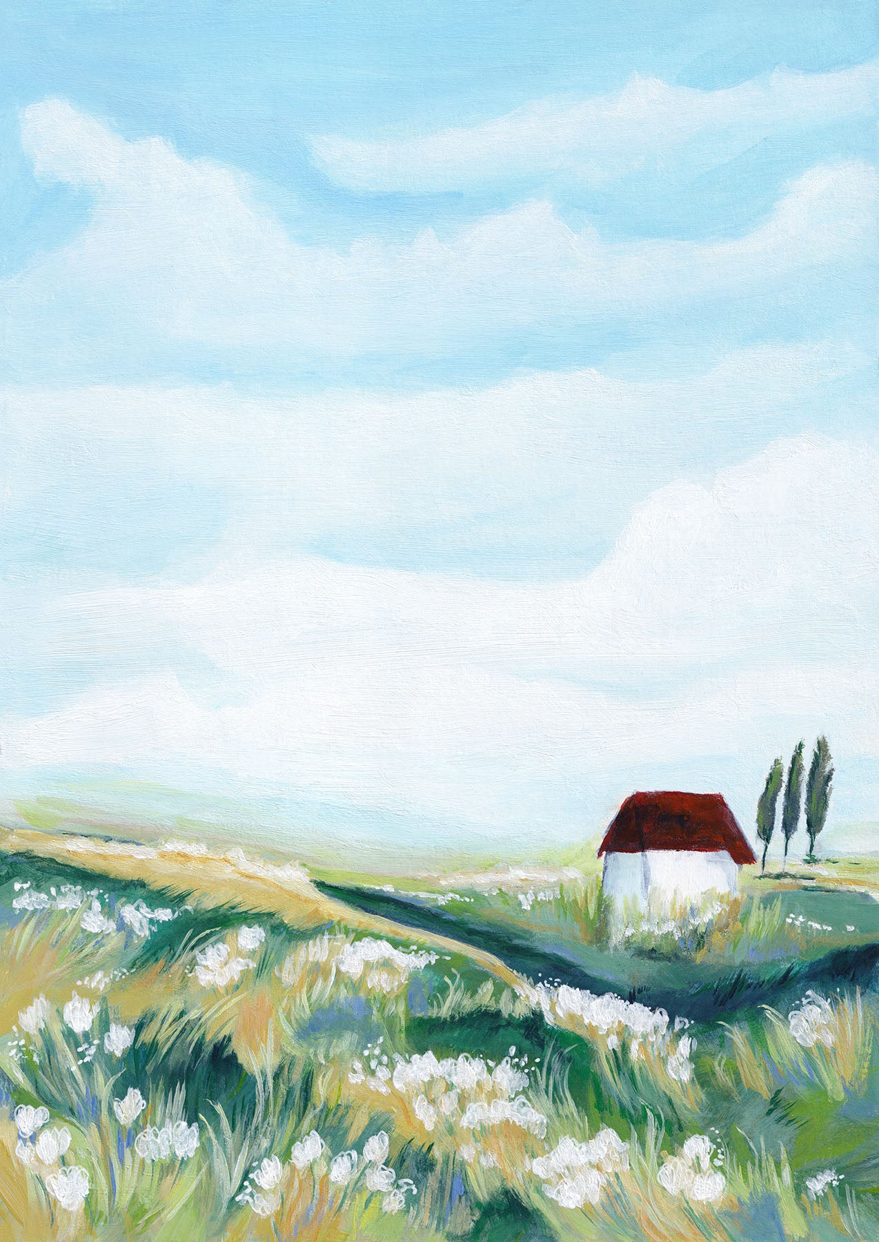 Painting of a small house in a field with white flowers and a blue sky.