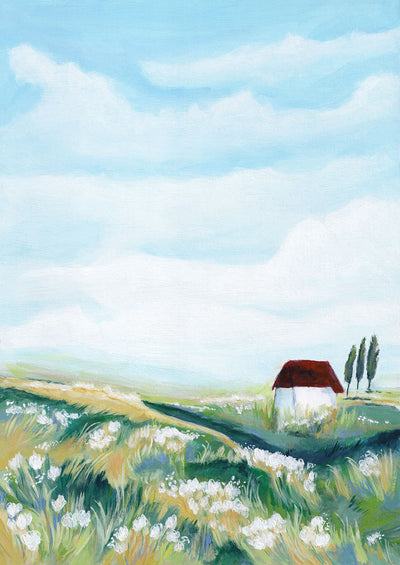 Painting of a small house in a field with white flowers and a blue sky.