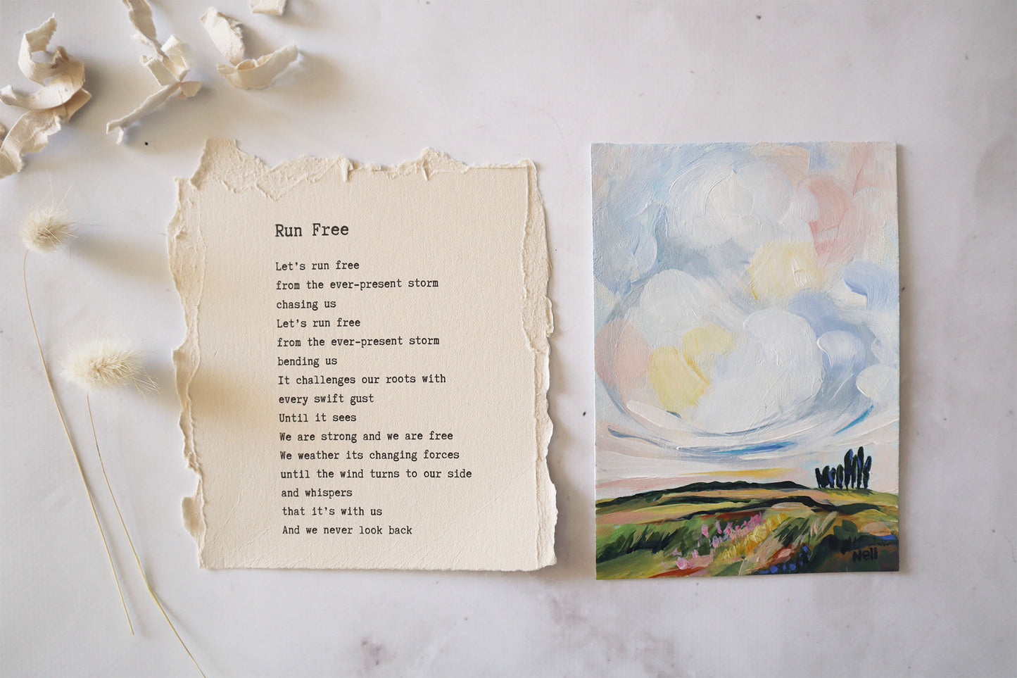 Textured paper with text and a watercolor painting of a landscape with sheep on a light background.