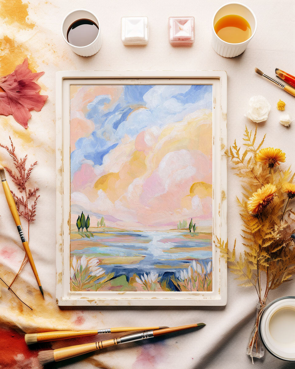 Framed watercolor painting of a landscape with flowers and cups on a table