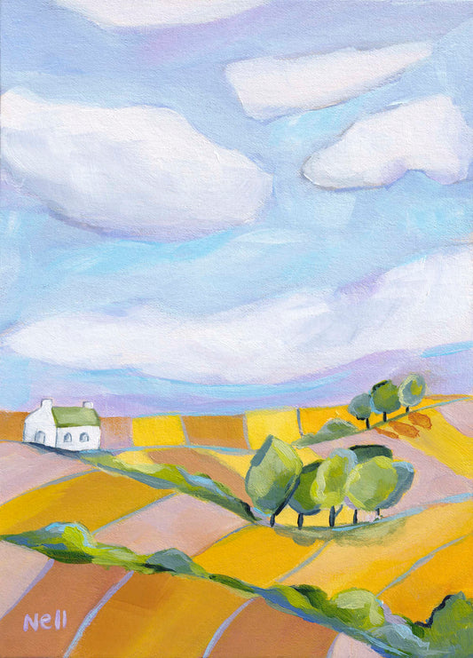 Painting of a rural landscape with a house, trees, and fields under a blue sky with clouds.