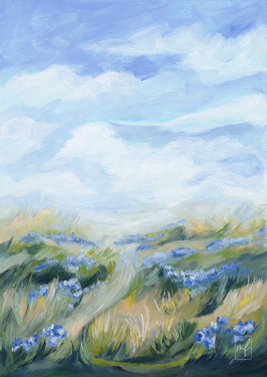 Painting of a field with blue flowers and a blue sky