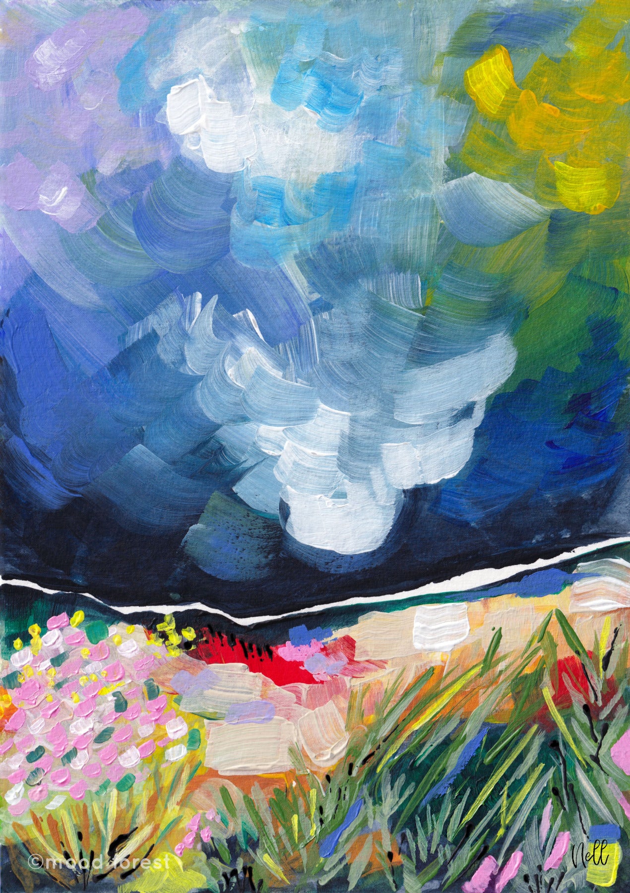 Abstract painting with a skull and colorful landscape