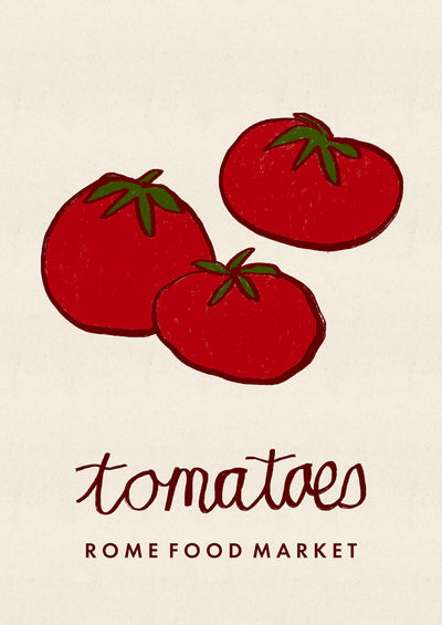 Illustration of three red tomatoes with green stems on a beige background, featuring the text 'tomatoes' and 'Rome Food Market'.