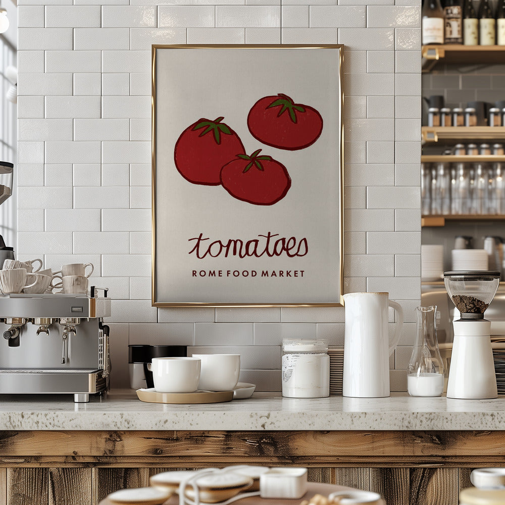 Poster of tomatoes with 'Rome Food Market' text in a kitchen setting
