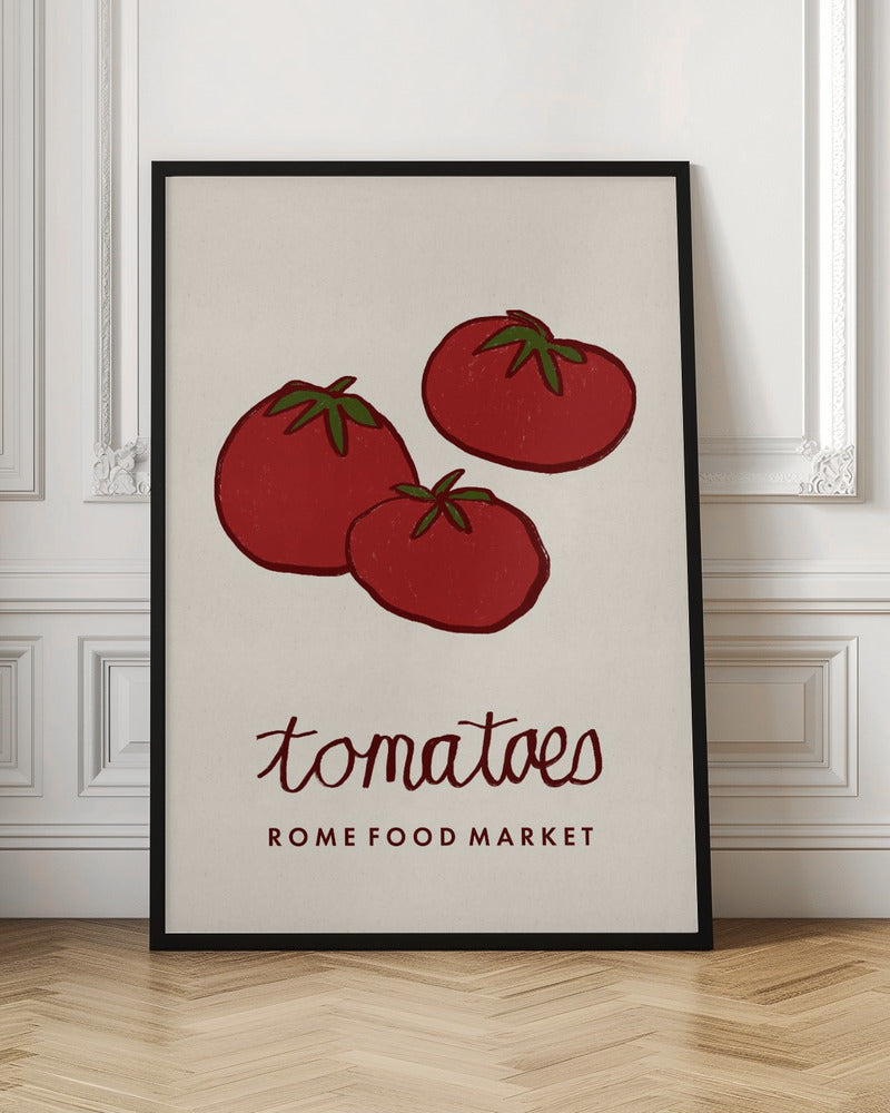 Framed artwork of tomatoes with 'Rome Food Market' text on a wall.