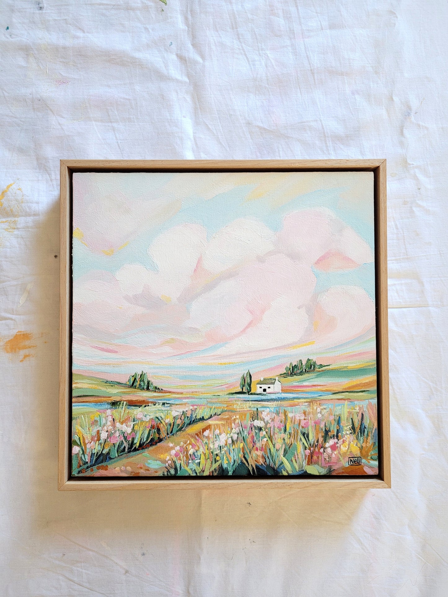 The Joy of Summer Skies [Original Artwork] - Acrylic on board FRAMED Landscape Painting 32.5 x 32.5 cm