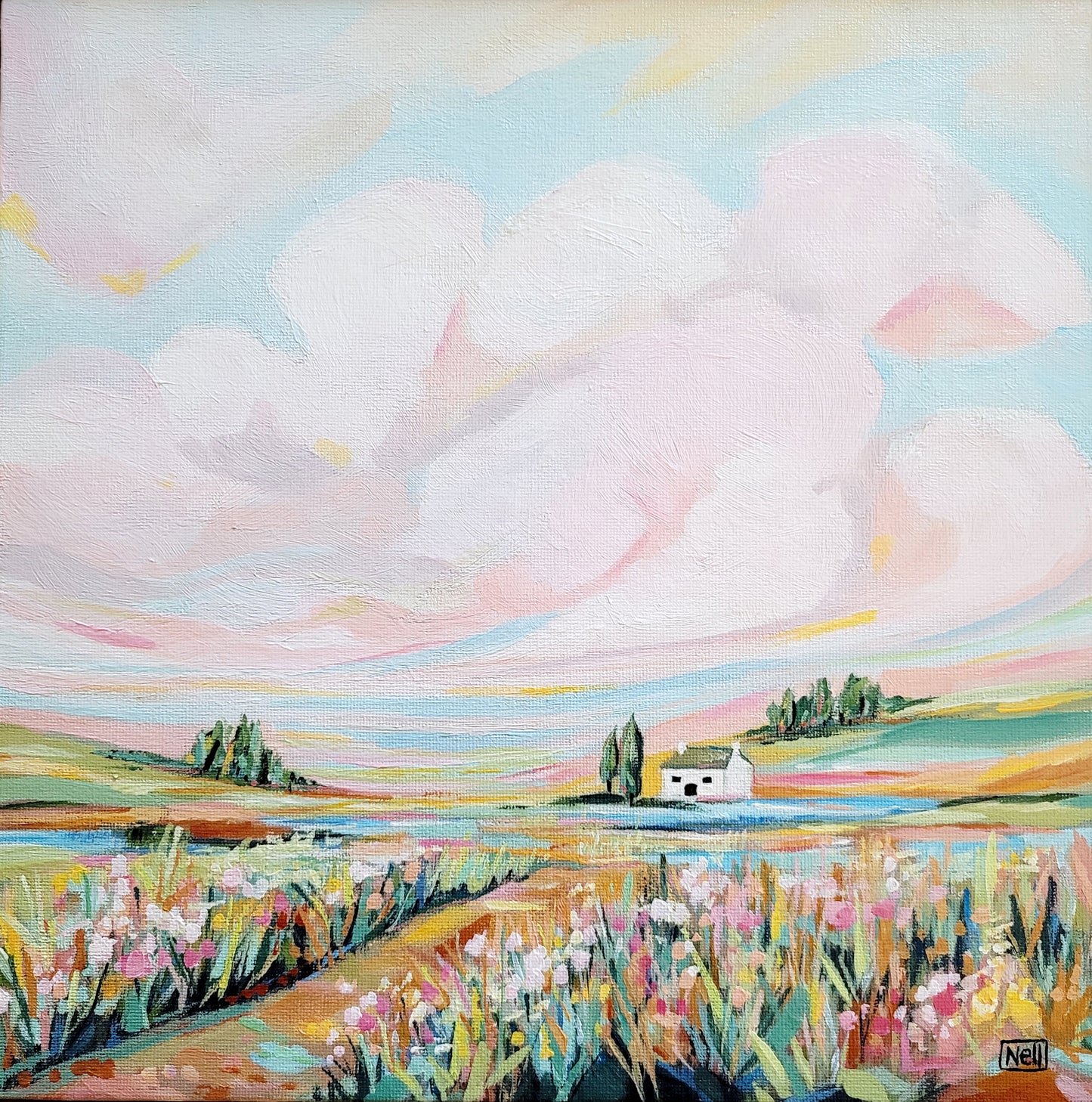 The Joy of Summer Skies [Original Artwork] - Acrylic on board FRAMED Landscape Painting 32.5 x 32.5 cm